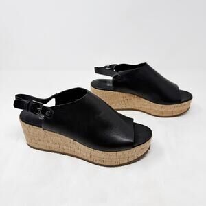 [Eileen Fisher] Black Leather Open Toe Ankle Strap Wedge Flatform Sandals Size 8